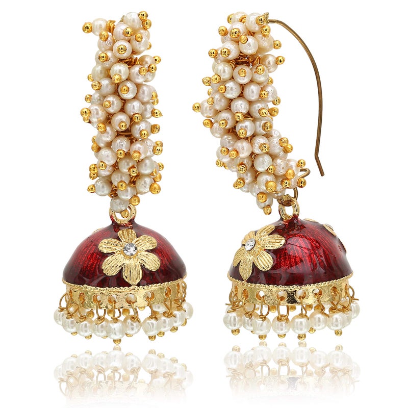 Moonstruck Golden Meenakari Jhumkas With White Pearls For Women (Green) (Maroon) - Image 2